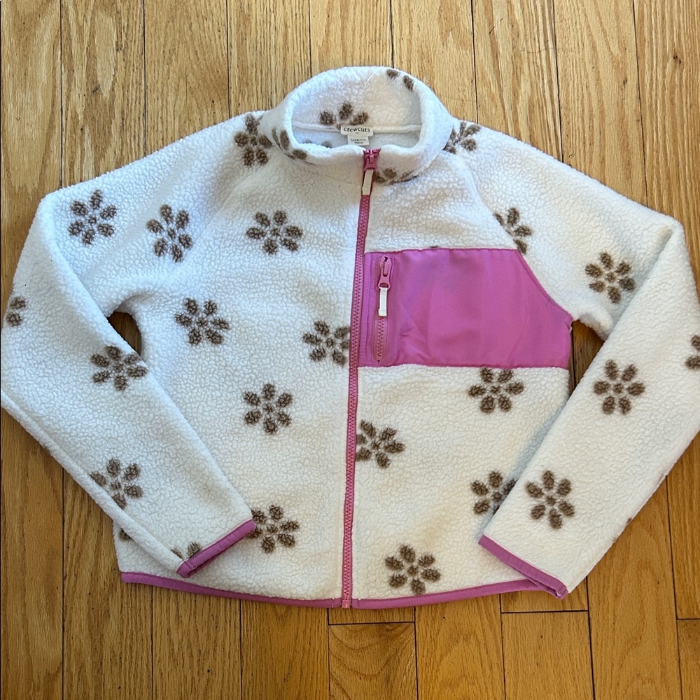 Crewcuts White and Pink Fleece Jacket with Brown Floral Pattern